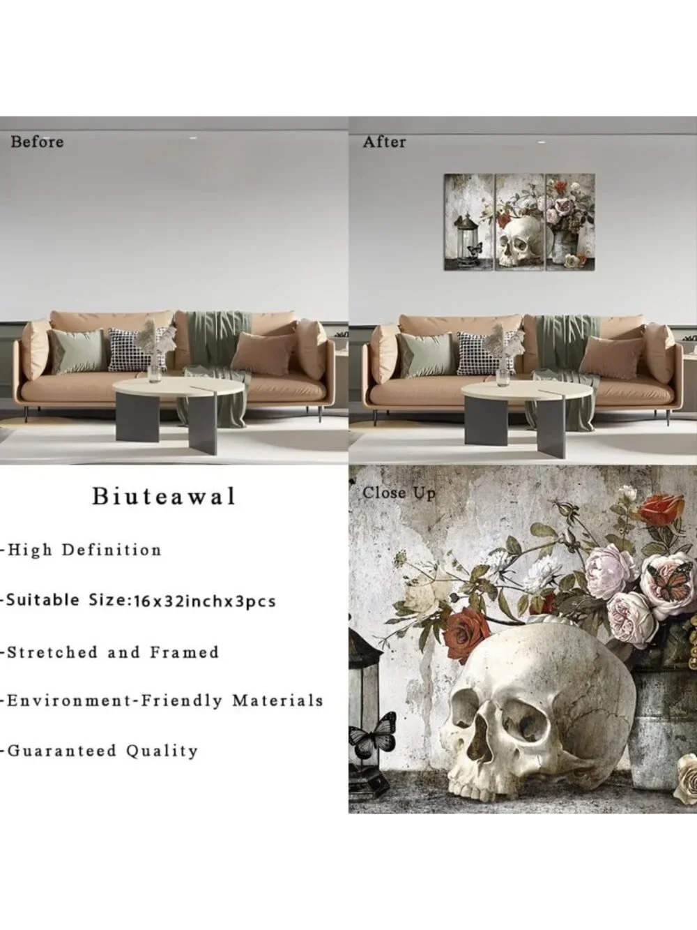 Large Vintage Skull Canvas Wall Art Set - Floral Halloween Decor for Home